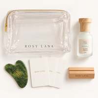 Rosy Lana Dewdrop Water Cream and jade gua sha ritual with cards, stand, and transparent pouch