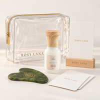 Rosy Lana Dewdrop Water Cream and jade gua sha ritual with transparent pouch and cards