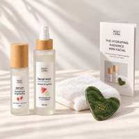 Rosy Lana Hydrating Radiance Mini Facial with skincare, a folded white face towel, green jade gua sha and ritual guide on a light background