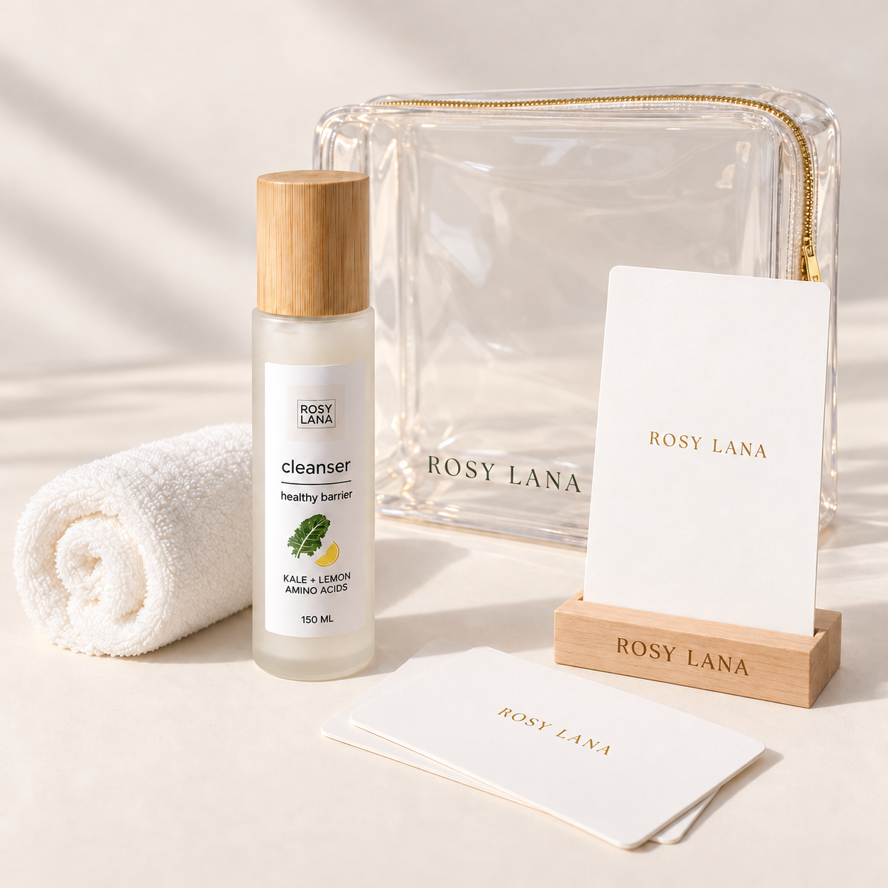 Rosy Lana Kale and Lemon Cleanser Pure Reset Ritual with facial towel, cards, wooden stand, and transparent pouch