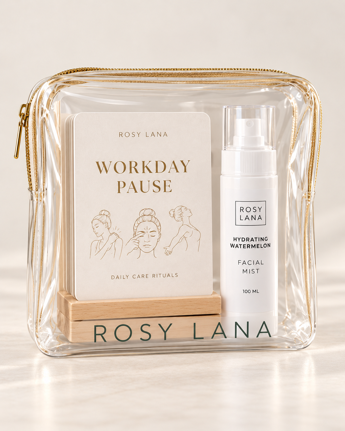 Rosy Lana Midday Reset set: Workday Pause deck, wooden stand and white 100 mL Hydrating Mist in a clear gift pouch