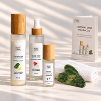 Rosy Lana Morning Star Mini Facial with skincare, a folded white face towel, green jade gua sha and ritual guide on a light background
