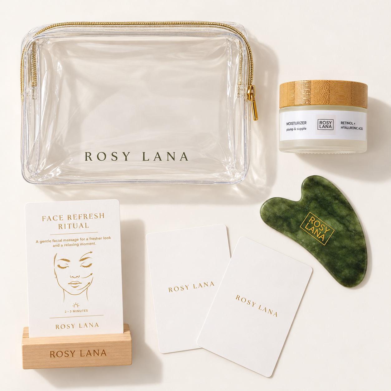 Rosy Lana Retinol Moisturizer Lunar Renewal Ritual with jade gua sha, Face Refresh Ritual card, and pouch