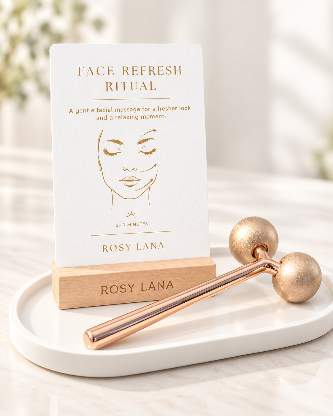 Rosy Lana facial roller with Face Refresh ritual cards and wooden stand