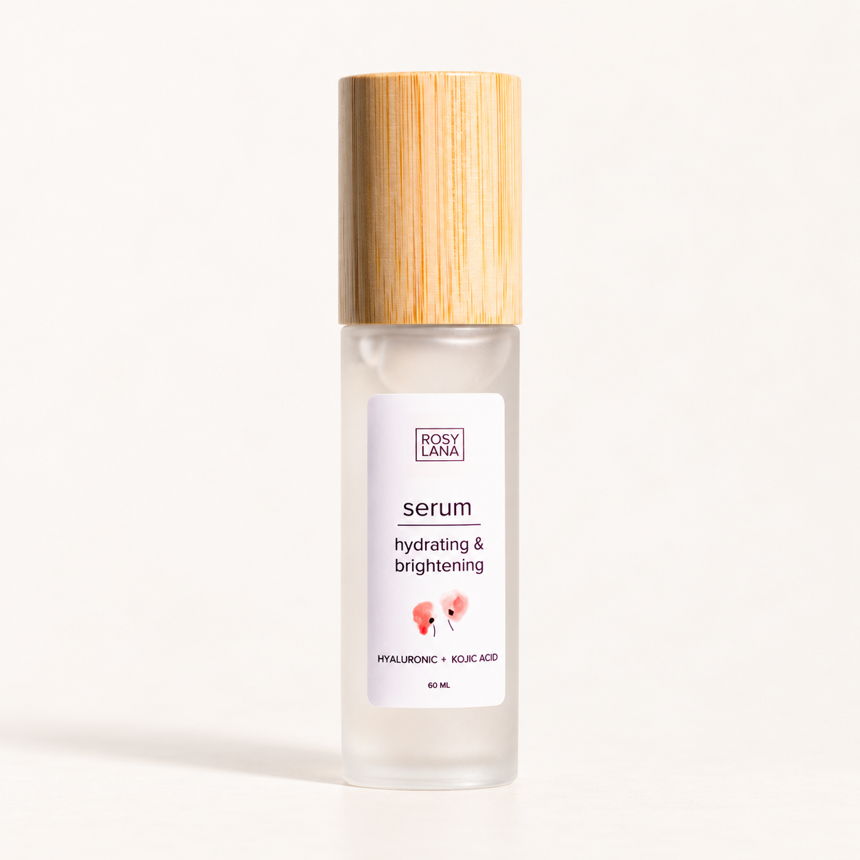Rosy Lana Brightening Hyaluronic Serum 60 mL on a warm white background