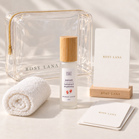 Rosy Lana Brightening Hyaluronic Serum Radiance Infusion Ritual with pouch, facial towel, cards, and wooden stand