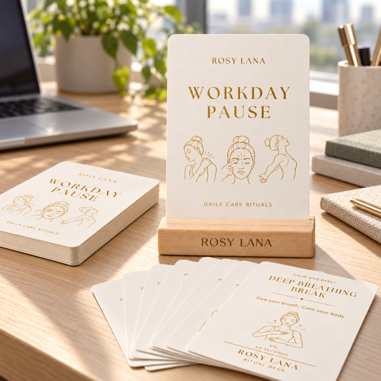 Rosy Lana Workday Pause cards on a wooden stand in a modern office
