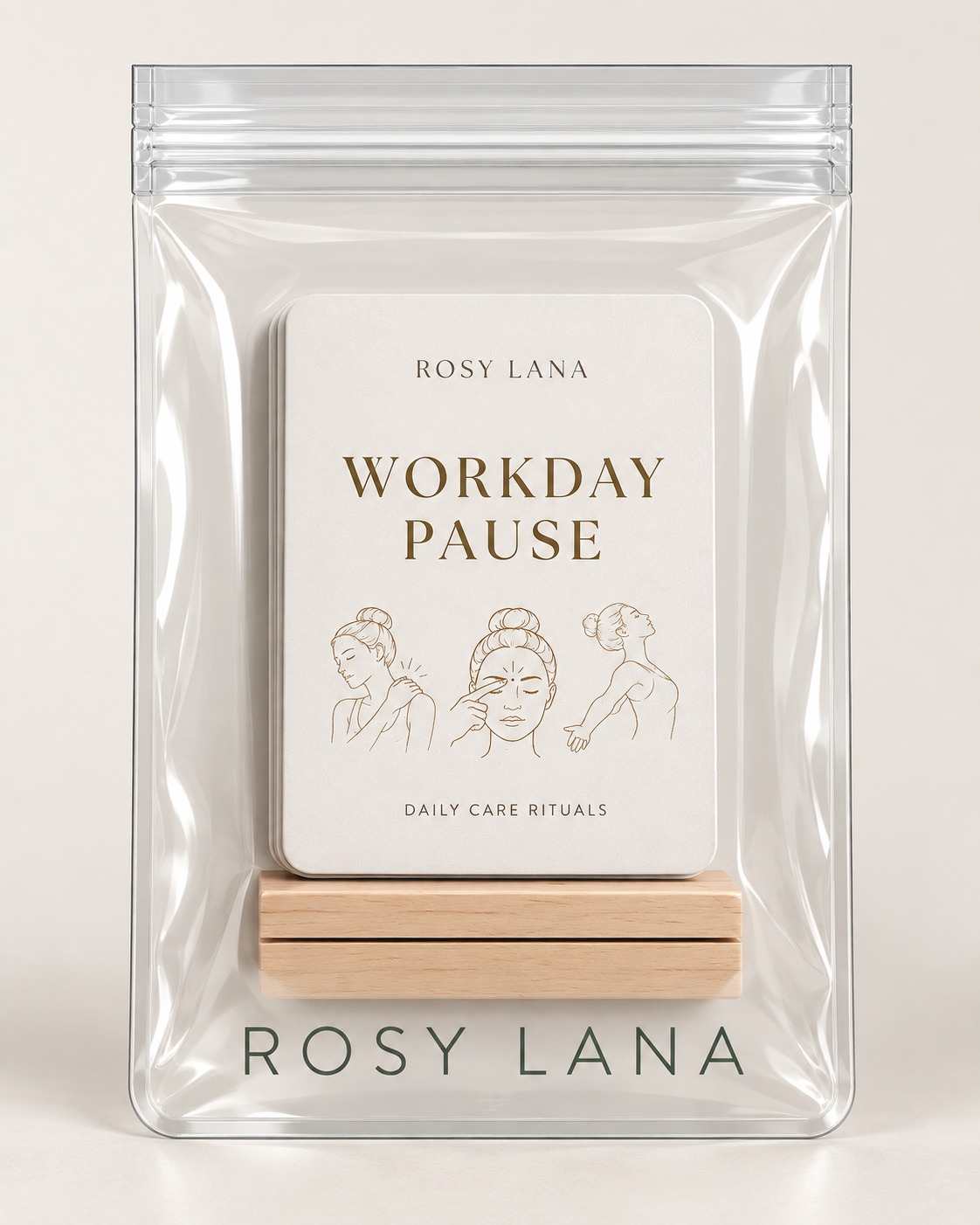 Rosy Lana Workday Pause card deck, wooden stand and small clear pouch