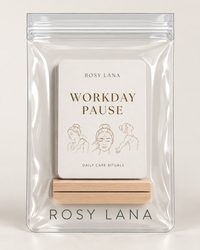Rosy Lana Workday Pause card deck, wooden stand and small clear pouch