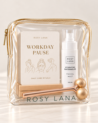 Rosy Lana Workday Wellness Set: Workday Pause deck, wooden stand, white 100 mL Hydrating Mist and double-ball facial roller in a clear gift pouch